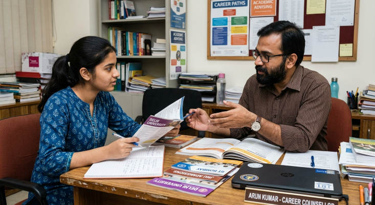 Student comparing college options with a counsellor