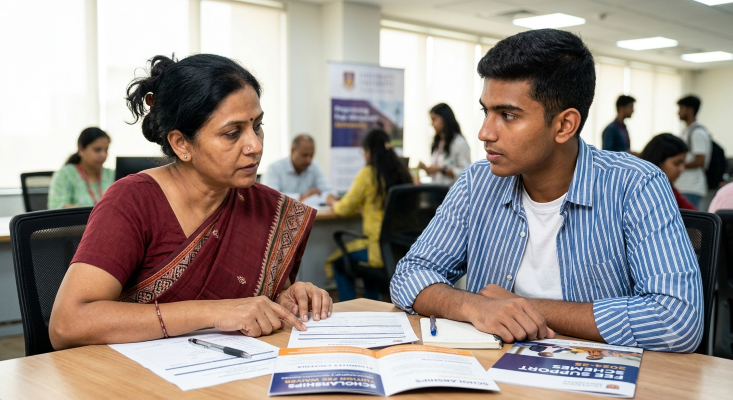 Parent and student discussing fee support