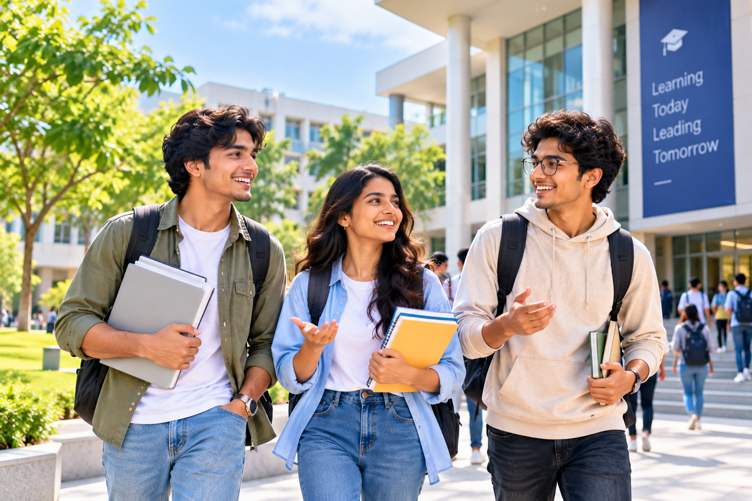 Smiling students with books in front of a college campus, supported by Education Pioneer