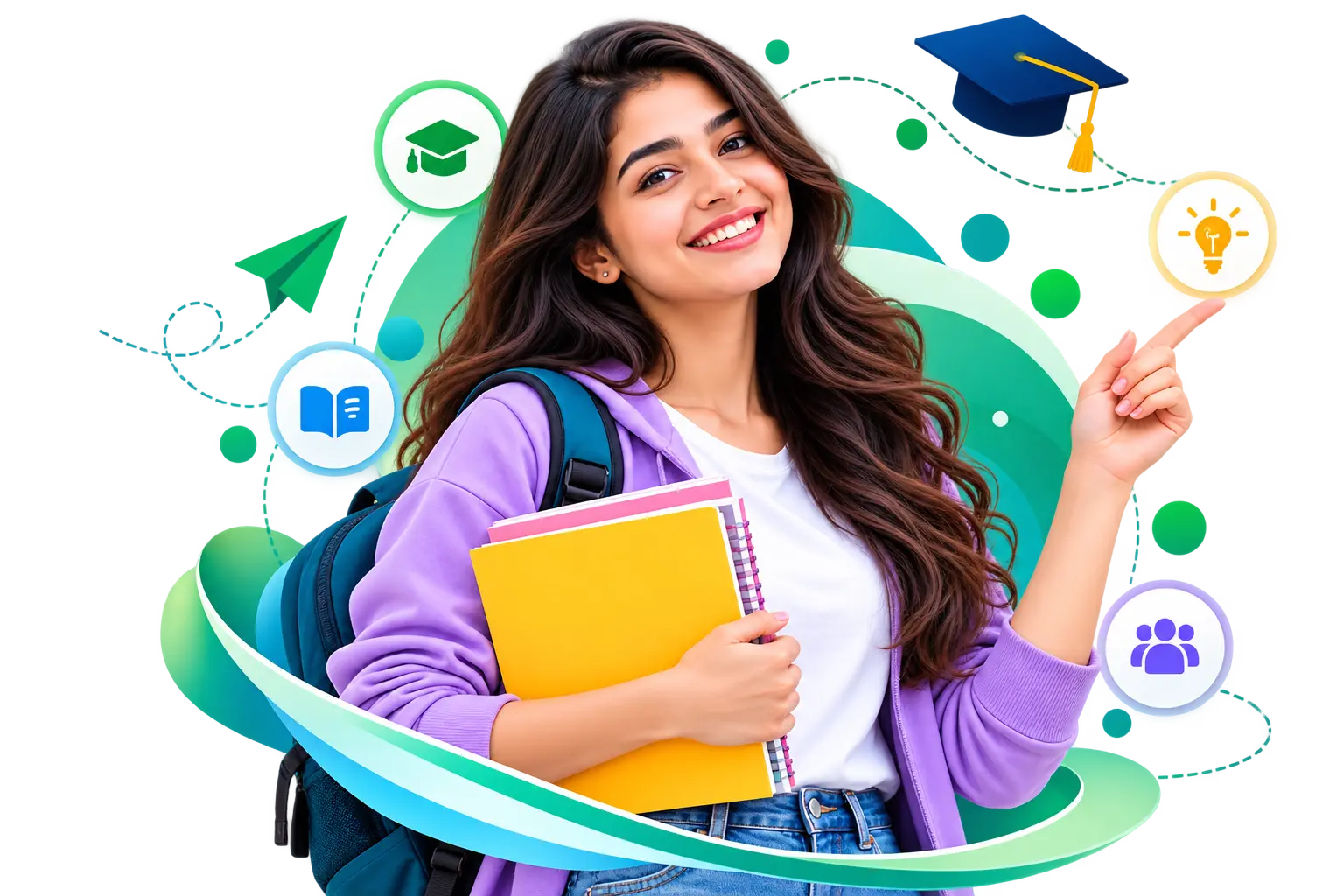 Smiling student with books in front of college buildings, supported by Education Pioneer