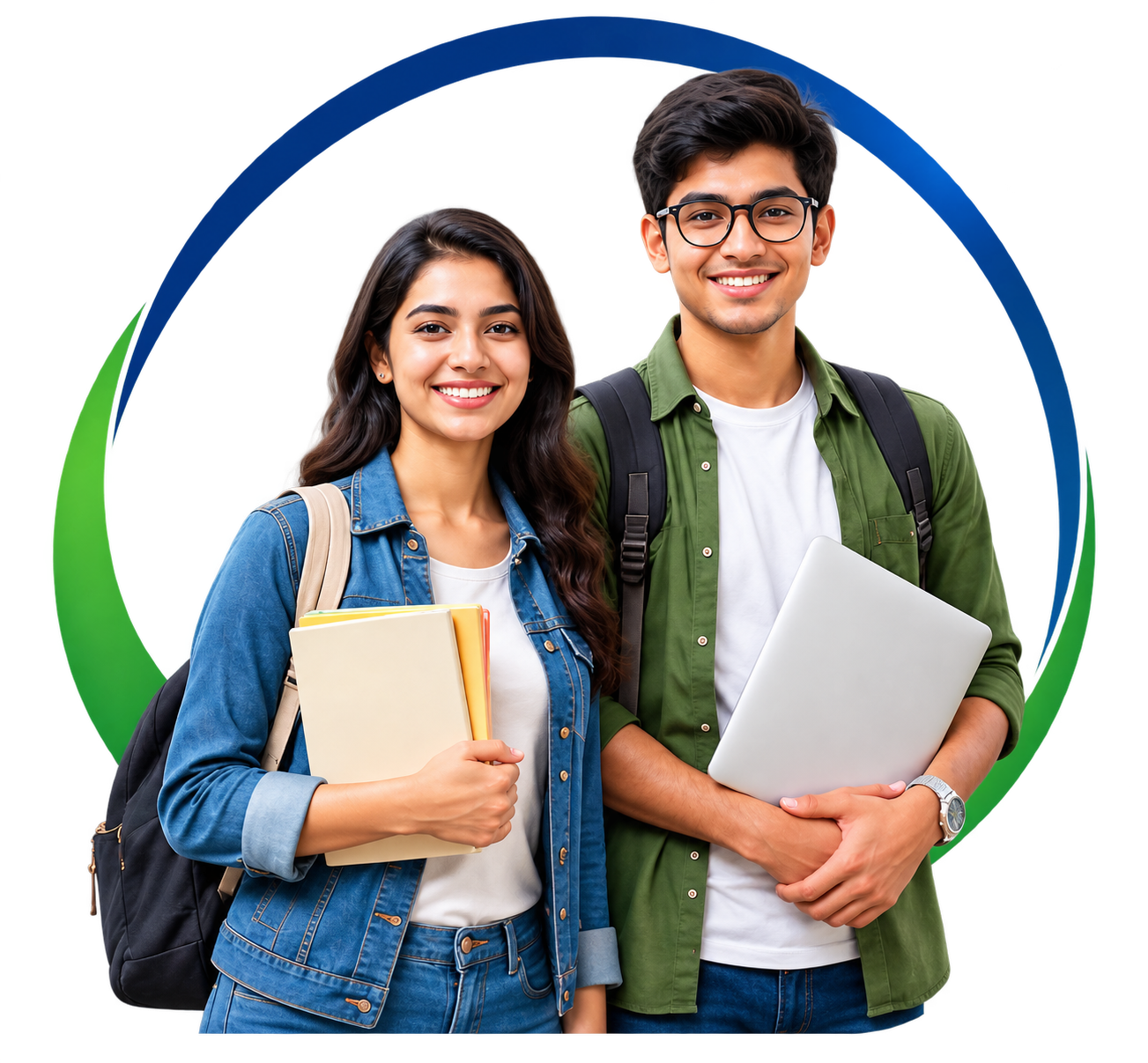 Two confident college students carrying books and a laptop on campus